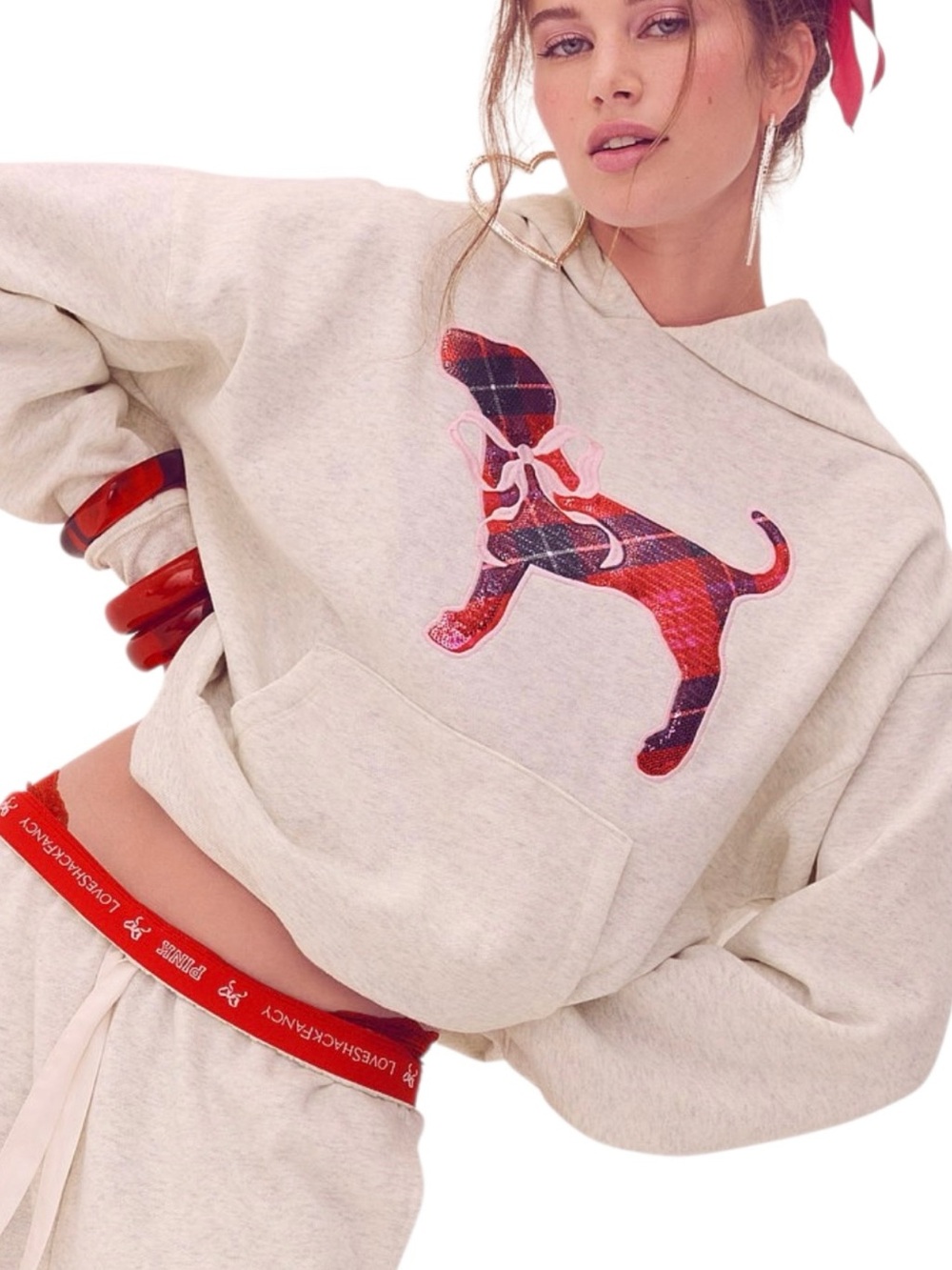 PINK Victoria's Secret Cream Hoodie with Red Plaid Dog Appliqué